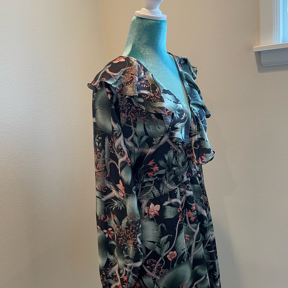 Johanna Ortiz Green and Pink Ruffled Sundress with Flutter Sleeves